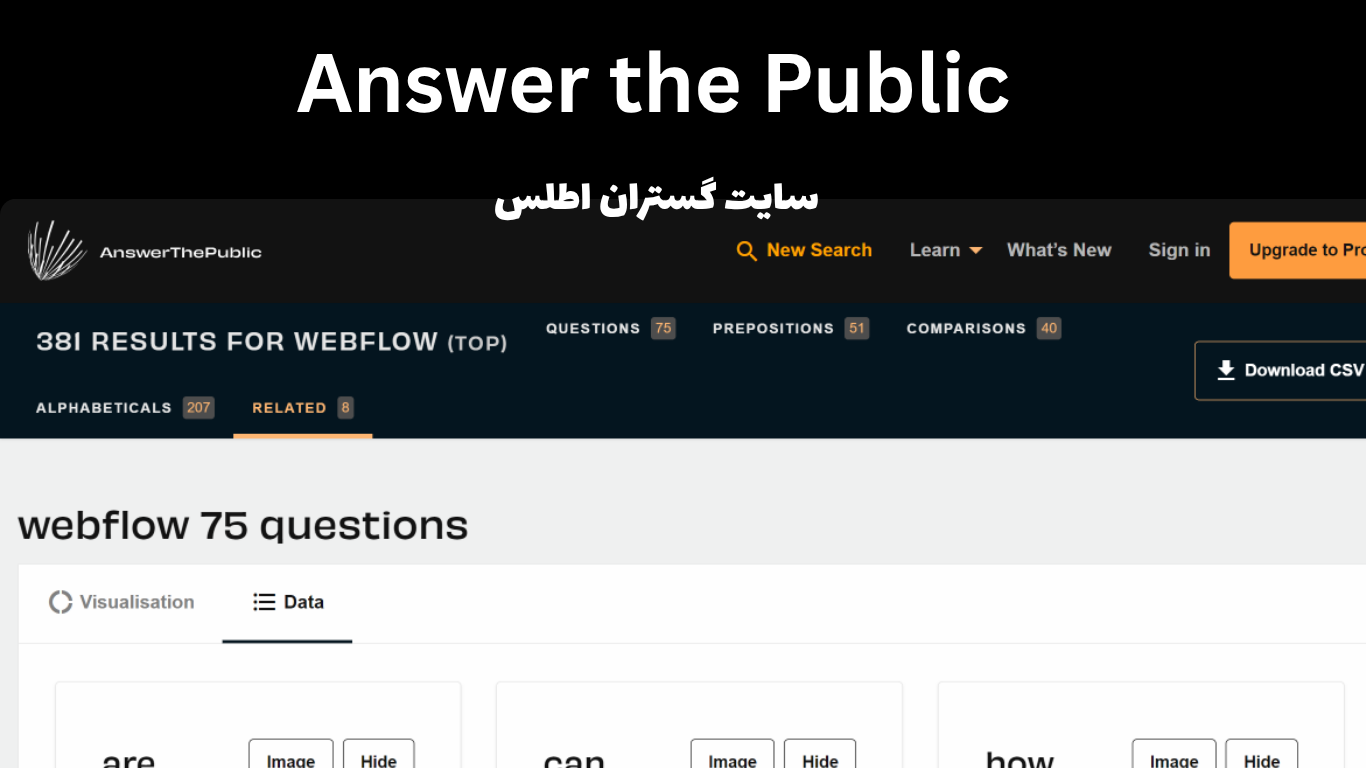 3. Answer the Public این ابزار از سوالات واقعی کاربران در گوگل استفاده میکند تهیه شده در گستران اطلس متخصص سئو و تولید محتوای متنی